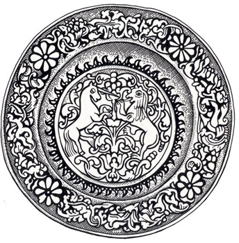 Единорог и Лев сражаются у Мирового Древа. Блюдо, XVI в. (из собрания Великоустюжского музея) (прорисовка автора)